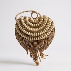 Gold Beaded Heart Clutch with Pearl Accents